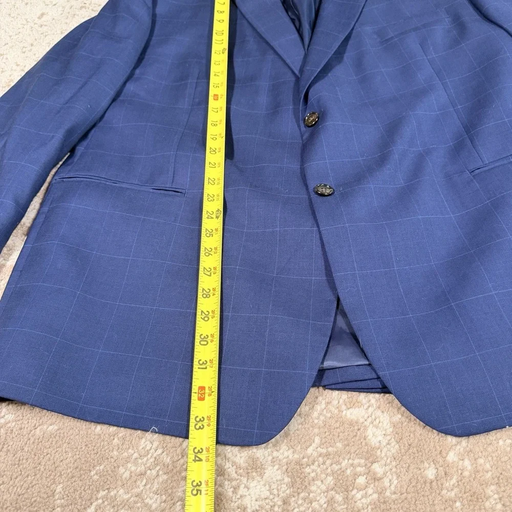 Ralph Lauren 2 PC Suit Men's 48R Blue Wool  Windowpane Plaid 42x29 Business